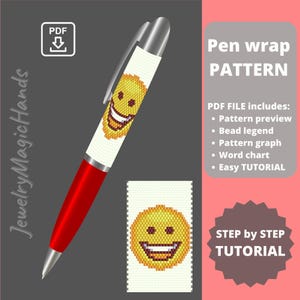 May include: A red and silver pen with a white wrap featuring a yellow smiley face design. The image also includes a pattern for the pen wrap, with the text "Pen wrap PATTERN" and "STEP by STEP TUTORIAL".