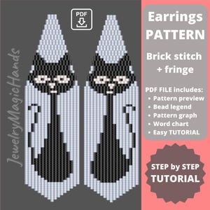 Op de afbeelding: Een digitaal downloadpatroon voor kralen oorbellen met een zwart kattenontwerp. Het patroon bevat een voorbeeld, een kralenlegende, een grafiek, een woordkaart en een eenvoudige tutorial. De oorbellen zijn gemaakt met behulp van steeksteek en franje.