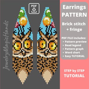 Könnte beinhalten: Ein digitales PDF-Muster für Brick-Stitch- und Fransenohrringe mit einem Eulenmotiv, großen gelben Augen, braunen Federn und blauem Himmel. Der Text enthält Earrings PATTERN, Brick stitch + fringe und PDF FILE includes.