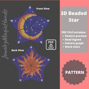 May include: A digital pattern for a 3D beaded star. The front view shows a blue star with a crescent moon design in yellow and orange beads. The back view features a sun design. The pattern includes a bead legend and graph.