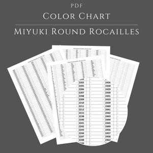 May include: A PDF color chart for Miyuki Round Rocailles featuring multiple stacked white pages with black text and numerical grids. The top text reads PDF COLOR CHART MIYUKI ROUND ROCAILLES. A circular magnification shows detailed rows of numbers.