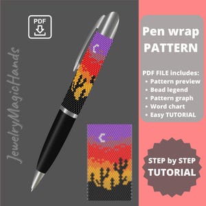Peut inclure: Un motif numérique pour un enroulement de stylo perlé représentant un coucher de soleil dans le désert avec des cactus et un croissant de lune. Le motif comprend une légende des perles, un graphique, un tableau de mots et un tutoriel facile.