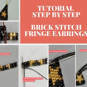 Puede incluir: Un tutorial paso a paso para hacer pendientes de flecos con puntada de ladrillo. La imagen muestra primeros planos del proceso de abalorios, incluyendo el uso de una aguja e hilo. Los pendientes son negros con detalles de estrella dorada.