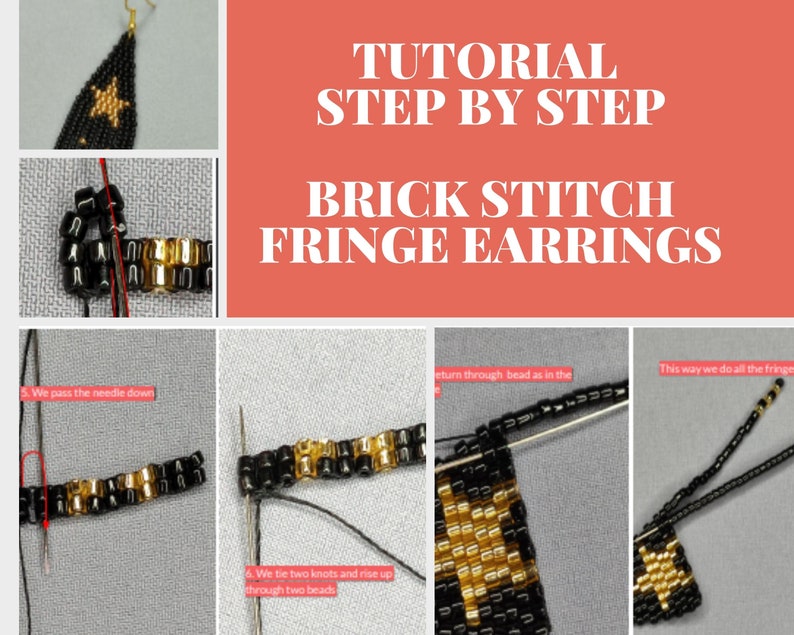 Puede incluir: Un tutorial paso a paso para hacer pendientes de flecos con puntada de ladrillo. La imagen muestra primeros planos del proceso de abalorios, incluyendo el uso de una aguja e hilo. Los pendientes son negros con detalles de estrella dorada.
