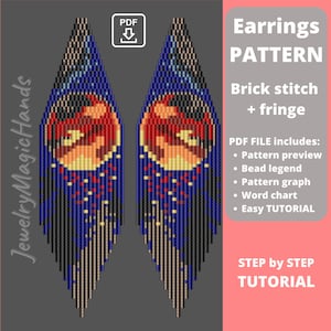 Patroon oorbellen rode maan | Stap-voor-stap TUTORIAL steensteek en franjeoorbellen | Nieuwe lange oorbellen met kralen | Digitale pdf-doe-het-zelf