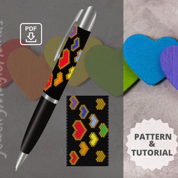 Pen wrap rainbow heart pattern Step by step TUTORIAL pen cover Beaded peyote stitch PDF digital Do it yourself Handmade GIFT for her him