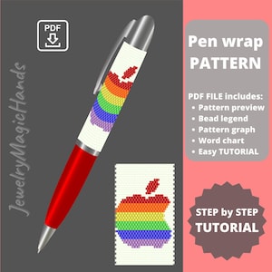 May include: A red and silver pen with a rainbow apple design. The pen wrap pattern includes a pattern preview, bead legend, pattern graph, word chart, and easy tutorial. The image also includes a step-by-step tutorial.