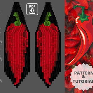 以下が含まれることがあります： 赤い唐辛子型のビーズイヤリングのデジタルパターンとチュートリアル。パターンは、左上の隅に「JewelryMagicHands」と「PDFダウンロード」のテキストが書かれたグレーの背景に表示されます。右下の隅には、赤い背景に白い円の中に「パターン＆チュートリアル」のテキストがあります。