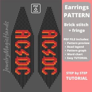 Puede incluir: Un patrón para pendientes de cuentas con el texto "AC/DC" en naranja y rojo sobre un fondo negro. El diseño es un punto de ladrillo con flecos. La imagen incluye un icono de descarga PDF y las palabras "Earrings PATTERN" y "STEP by STEP TUTORIAL".