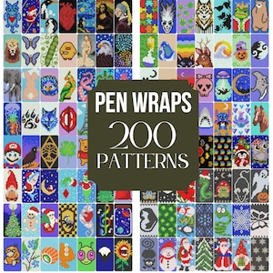 Op de afbeelding: Een verzameling van 200 pen wrap patronen, met verschillende ontwerpen. De ontwerpen omvatten stripfiguren, dieren en vakantiethema's. De tekst "PEN WRAPS" en "200 PATTERNS" wordt in het wit weergegeven op een donkergroene achtergrond.