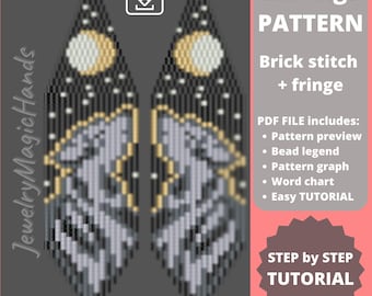 May include: A digital pattern for beaded earrings featuring a moon, stars, and a wolf howling at the moon. The pattern is for brick stitch and includes a fringe. The pattern is available as a PDF download and includes a tutorial.