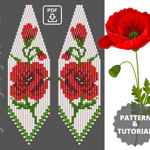 May include: A pair of beaded earrings with a red poppy flower design. The earrings are white with green stems and leaves. The pattern is available as a PDF download.