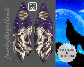 Wolf Mond Ohrringe Muster | Schritt-für-Schritt-TUTORIAL Ziegel-Stich und Fransen Ohrringe | Lange Perlen baumeln Neuheit Ohrringe | Digitales PDF DIY