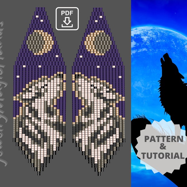 Earrings Wolf and moon Tutorials dangle fringe earrings Beaded brick stitch pattern, Digital PDF pattern  Seed bead pattern Do it yourself