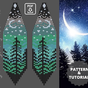 Könnte beinhalten: Perlenohrringmuster mit einem Nachthimmel-Design, einschließlich eines Halbmonds, Sternen und immergrünen Bäumen. Die Ohrringe sind hauptsächlich grün, schwarz und weiß, mit einem PDF-Download-Symbol. Der Text "JewelryMagicHands" befindet sich auf der linken Seite.