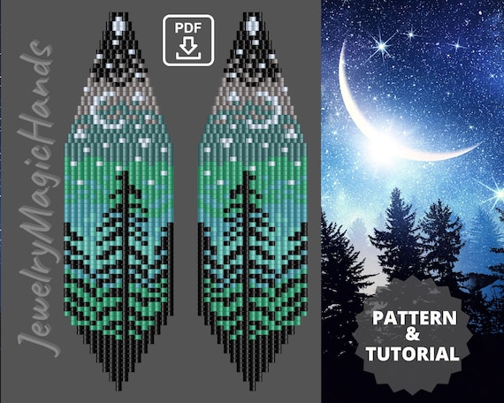 Forest Moon earrings pattern | Long seed bead earrings | Step by step tutorial brick stitch fringe earrings | Funky Earrings | DIY PDF