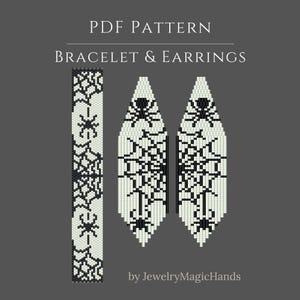 May include: A PDF pattern for a bracelet and earrings featuring a black and white spider and web design. The graphic displays a rectangular bracelet strip and two pointed earring shapes with repeating arachnid motifs and text: PDF PATTERN BRACELET & EARRINGS by JewelryMagicHands.