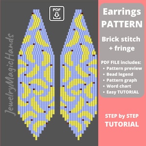 May include: A digital download pattern for beaded earrings. The pattern features a brick stitch design with a fringe. The earrings are made with light blue and yellow beads. The pattern includes a preview, bead legend, graph, word chart, and tutorial.