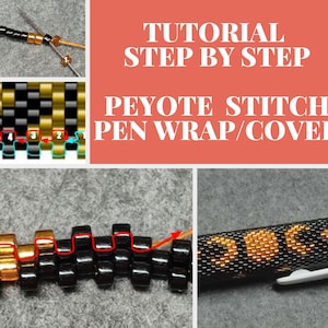 Pu&ograve; includere: Un tutorial passo passo per un rivestimento/copertura per penna con punto Peyote. L'immagine mostra primi piani del processo di perline, inclusi diagrammi e un rivestimento per penna finito. Il rivestimento &egrave; nero e oro.