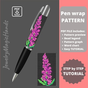 May include: A black pen with a silver clip and a floral pattern in shades of purple and green. The pen wrap pattern is available as a PDF file, including a pattern preview, bead legend, and tutorial.