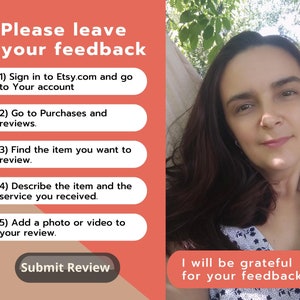 K&ouml;nnte beinhalten: Bild mit Text: &bdquo;Bitte hinterlassen Sie Ihr Feedback.&ldquo; Anweisungen zur Bewertung eines Kaufs auf Etsy sind aufgef&uuml;hrt. Im Hintergrund l&auml;chelt eine Frau. Text: &bdquo;Ich bin dankbar f&uuml;r Ihr Feedback.&ldquo; Eine Schaltfl&auml;che &bdquo;Rezension abschicken&ldquo; ist ebenfalls sichtbar.