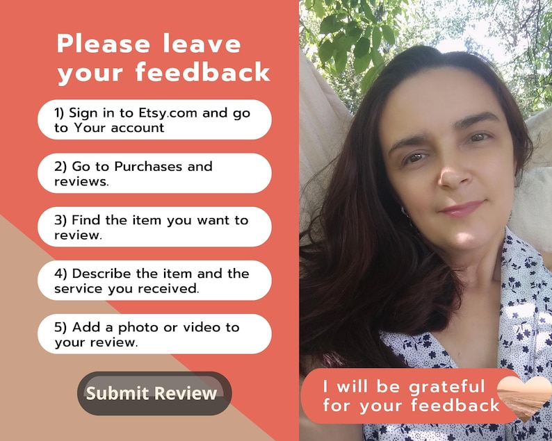 K&ouml;nnte beinhalten: Bild mit Text: &bdquo;Bitte hinterlassen Sie Ihr Feedback.&ldquo; Anweisungen zur Bewertung eines Kaufs auf Etsy sind aufgef&uuml;hrt. Im Hintergrund l&auml;chelt eine Frau. Text: &bdquo;Ich bin dankbar f&uuml;r Ihr Feedback.&ldquo; Eine Schaltfl&auml;che &bdquo;Rezension abschicken&ldquo; ist ebenfalls sichtbar.
