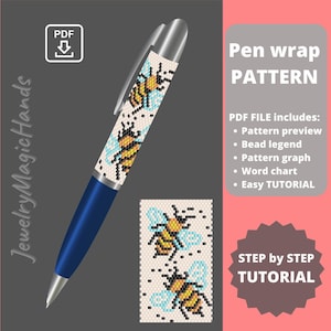 May include: A blue pen with a silver tip and a beaded wrap featuring a bee design. The image includes a pattern for the pen wrap, with text that reads "Pen wrap PATTERN" and "STEP by STEP TUTORIAL".