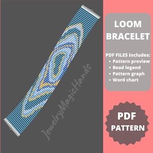 May include: A loom bracelet pattern featuring a blue, white, and yellow geometric design. The PDF pattern includes a preview, bead legend, graph, and word chart.
