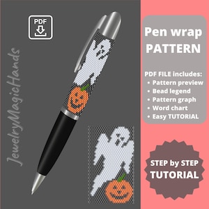 May include: A beaded pen wrap pattern featuring a ghost and a pumpkin. The pattern includes a bead legend, graph, word chart, and an easy tutorial.  "Pen wrap PATTERN" and "STEP by STEP TUTORIAL" are written on the image.