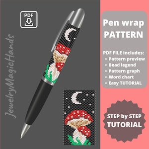 Op de afbeelding: Een zwarte pen met een zilveren punt en een kralen wikkel met een paddestoelontwerp onder een halve maan. Het penwikkelpatroon is beschikbaar als PDF-bestand, inclusief een patroonvoorbeeld, kralenlegenda en tutorial.