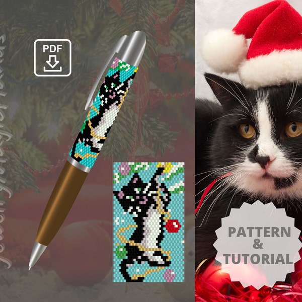 Pen wrap Cat Christmas pattern Step by step TUTORIAL pen cover Beaded peyote stitch PDF digital Do it yourself Handmade GIFT for her