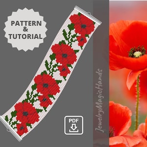 May include: A beaded bracelet pattern featuring red poppies with green leaves on a white background. The pattern is available as a PDF download. The image also includes the text "PATTERN & TUTORIAL" and "JewelryMagicHands".