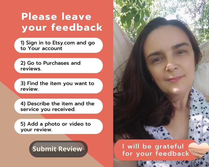 Puede incluir: Imagen con texto: "Por favor, deja tus comentarios" e instrucciones sobre c&oacute;mo revisar una compra en Etsy. La imagen tambi&eacute;n incluye una persona y el texto "Estar&eacute; agradecido por tus comentarios."