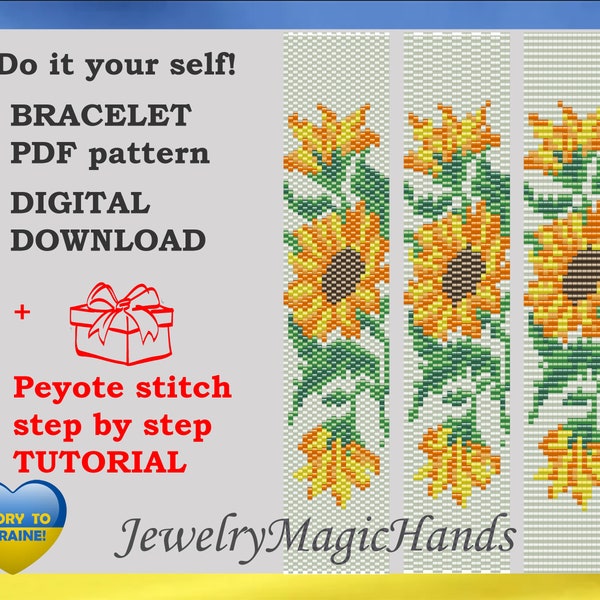 Sunflower bracelet, Peyote and loom pattern, Do it yourself, Beaded bracelet, Handmade bracelet, Instant download, Tutorial, Ukraine shops