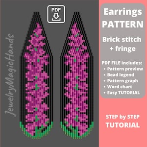 May include: A digital pattern for earrings, featuring a brick stitch design with fringe. The earrings are depicted in a floral pattern with shades of purple, green, and black. The image includes the text "Earrings PATTERN" and "STEP by STEP TUTORIAL".