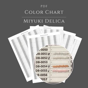 May include: A PDF color chart for Miyuki Delica beads featuring multiple white pages with lists of alphanumeric codes. A circular inset shows a close-up of rows of small cylindrical beads in clear, peach, and pink hues next to their corresponding codes.