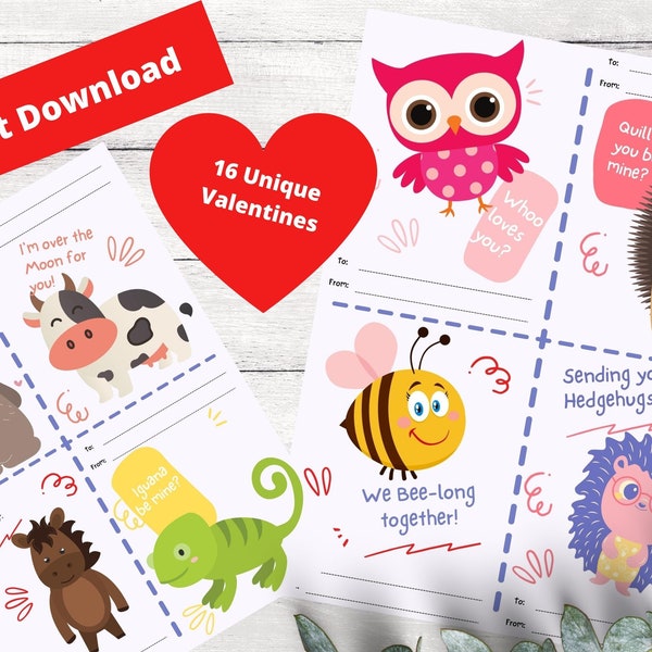 Valentines for kids, animal valentines, valentines cards for kids classroom, instant download cards, printable vday cards, pun valentines