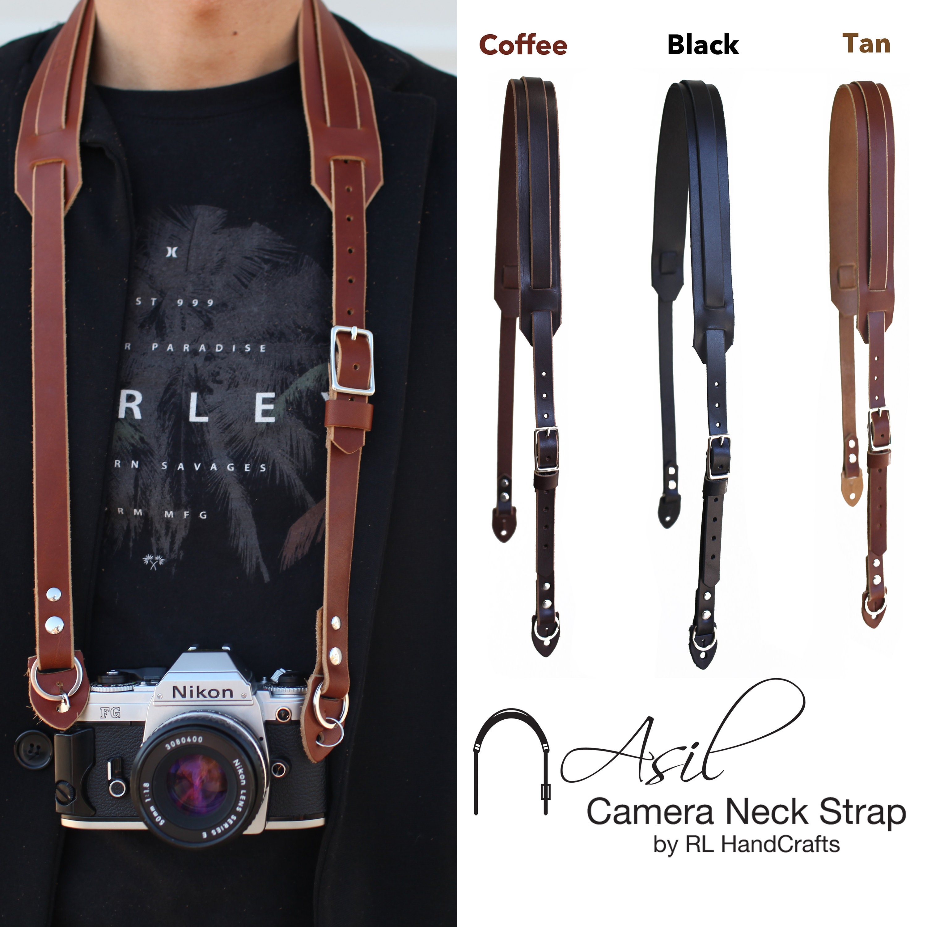 Asil Single Adjustable Handmade Leather Camera Sling and Neck Strap RL