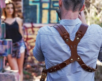 Clydesdale Pro-Dual handgjord läderkamerasele och rem RL Handcrafts. DLSR, spegellös, kompaktkamera, tillverkad i USA