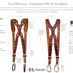 Puede incluir: Una comparaci&oacute;n de dos correas para c&aacute;mara, la Clydesdale PRO y The Rebel. Ambas correas est&aacute;n hechas de cuero marr&oacute;n y cuentan con correas ajustables para un ajuste personalizado. La Clydesdale PRO tiene seis puntos de rotaci&oacute;n, mientras que The Rebel tiene cuatro. Ambas correas incluyen correas de seguridad y anillas en D para sujetar equipo adicional.