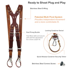 Puede incluir: Correa de c&aacute;mara de cuero marr&oacute;n con correas ajustables, hebillas de doble leng&uuml;eta, un amarre de seguridad de mosquet&oacute;n de liberaci&oacute;n r&aacute;pida y un tornillo de c&aacute;mara de acero inoxidable. La correa cuenta con un sistema multi-pivote patentado para un movimiento independiente y una mayor comodidad.