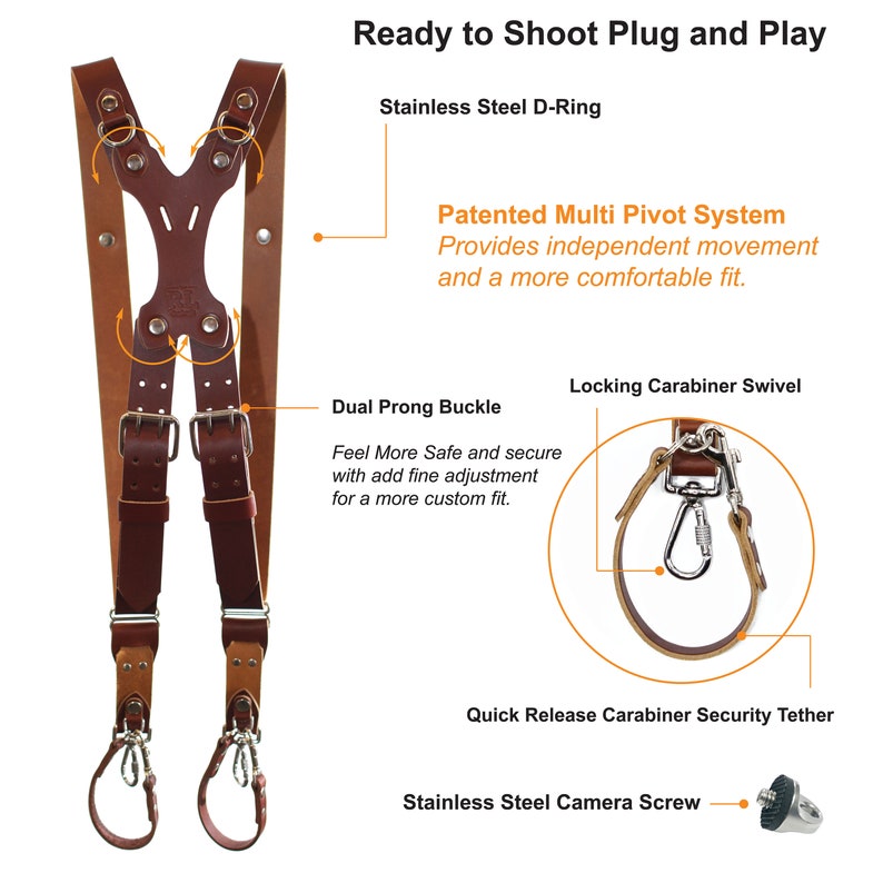 Puede incluir: Correa de c&aacute;mara de cuero marr&oacute;n con correas ajustables, hebillas de doble leng&uuml;eta, un amarre de seguridad de mosquet&oacute;n de liberaci&oacute;n r&aacute;pida y un tornillo de c&aacute;mara de acero inoxidable. La correa cuenta con un sistema multi-pivote patentado para un movimiento independiente y una mayor comodidad.