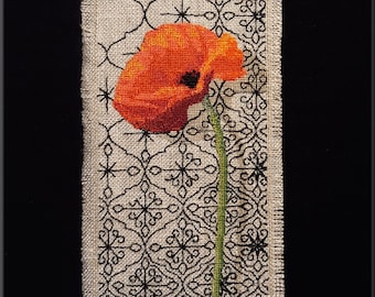 Pattern, Orange Poppy Cross Stitch on Quatrefoil Blackwork Bookmark, Instant Download