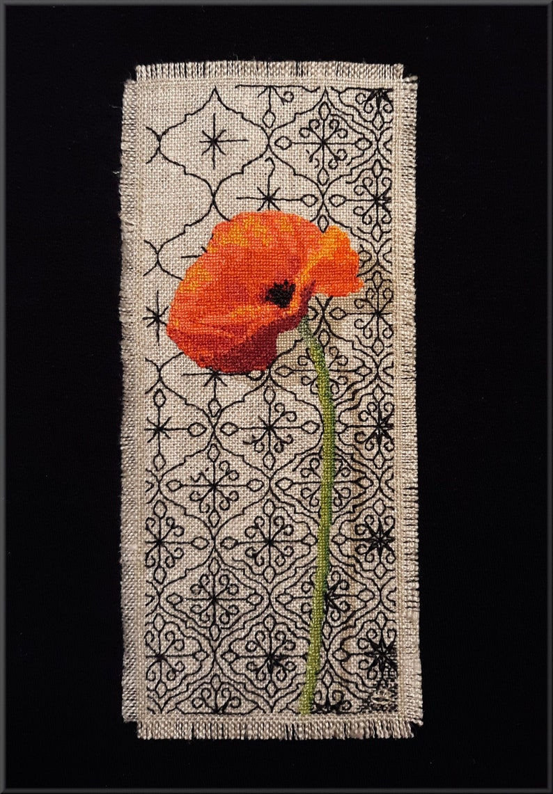 Pattern Orange Poppy Cross Stitch on Quatrefoil Blackwork | Etsy