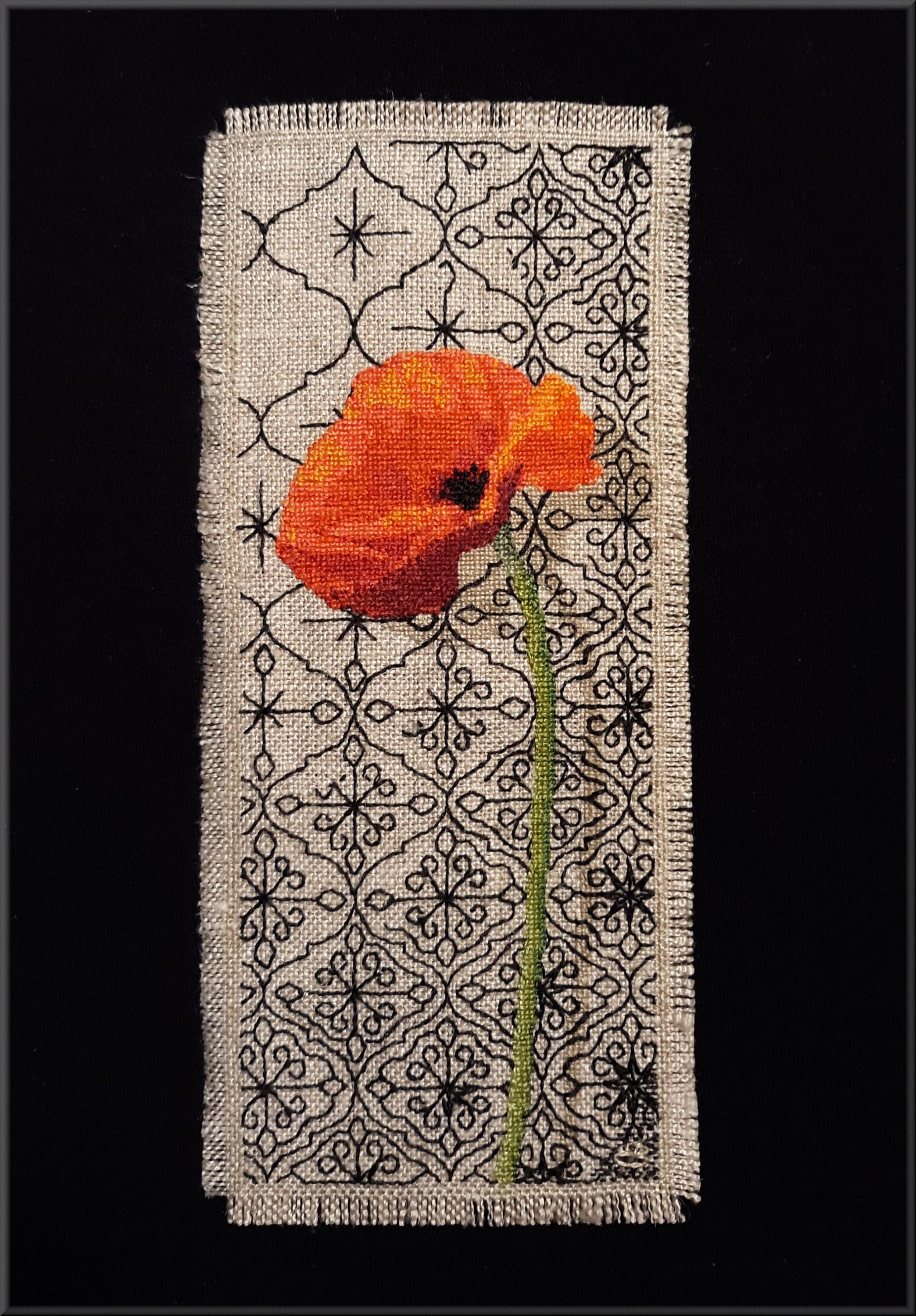 Pattern, Orange Poppy Cross Stitch on Quatrefoil Blackwork