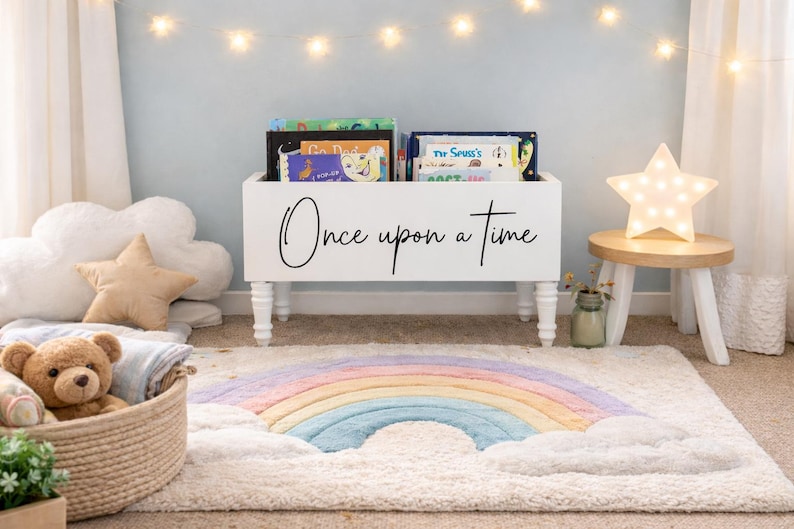 May include: A white wooden bookshelf with the words "Once upon a time" in black script holds several children's books. A rainbow-shaped rug and a star-shaped light add to the whimsical decor. A teddy bear sits in a basket.