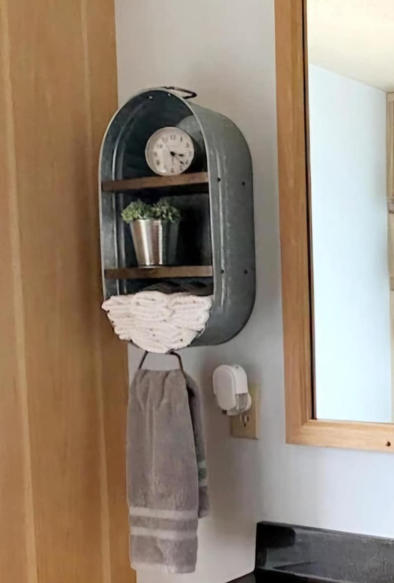 Galvanized Wash Tub With Shelves - Wall Hanging Shelf - Farmhouse Shelf - Rustic Bathroom Shelf - Mudroom or Laundry Shelf image 12