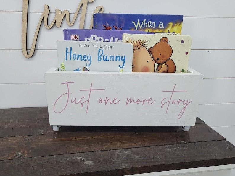 Just one more story Book Bin - Book Storage - Books - Toy Storage - Bookcase - Nursery Decor - Baby Shower Gift - Kids gift SM 15" w/wheels