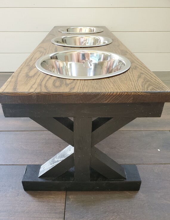 Gray Oak top - Large Bowl Trestle Leg Farmhouse Elevated Dog Bowls