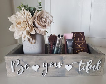 3D Be-you-tiful box - Makeup Tray - Bathroom box - storage for makeup - Makeup Bar - Bathroom Caddy - Toilet box - Wood Bathroom box -